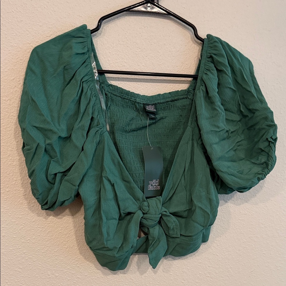 wild fable Forest Green Puff Sleeve Tie-Front Crop Top